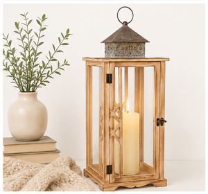 Handcrafted <b>Large</b> Farmhouse Wooden Lantern Rustic Vintage Decorative Floor <b>Candle</b> Holder with Metal Top for Home Decoration - Product Image 4