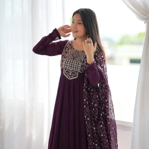 Festive Clothing Georgette <b>Womens</b> Embroidered Purple Anarkali <b>Kurta</b> Pant Dupatta Ethnic Outfit Smooth georgette <b>women</b>’s - Product Image 1