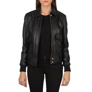 Women Black Real Leather <b>Jacket</b> Shirt Collar Slim Fit Premium Sheepskin Casual Winter <b>Bomber</b> Style Outerwear Zip Up Coat - Product Image 1