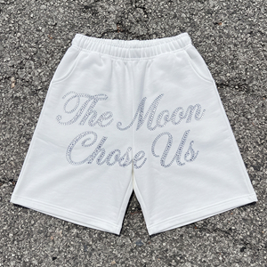 Shorts de sport unisexe en polyester/coton avec strass, en molleton bouclette, couleur unie, style hip-hop, avec cordon de serrage - Product Image 1