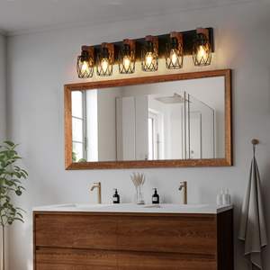 38\" Industrial Vintage 6-<b>Light</b> Wall <b>Sconce</b> Black Cage with Wooden Accents for Bathroom Hallway Living Room Bulb Not Included - Product Image 3