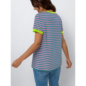 Automet, camisetas holgadas de verano para mujer, camisetas informales básicas de manga corta con cuello redondo, Camisetas básicas informales a rayas con cuello redondo de bloque de Color - Product Image 2