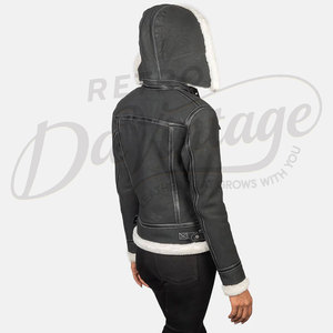 Women Black Distressed Real <b>Leather</b> Hooded <b>Jacket</b> White Faux Fur Trim Slim Fit Premium Sheepskin Winter Biker Outerwear Fashion - Product Image 2