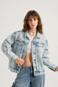 Women's Stonewashed <b>Denim</b> <b>Jacket</b> Full Sleeve Button Closure Turn-down Collar Casual Vintage Style Regular Fit - Product Image 4