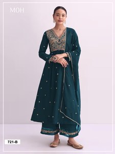 <b>Women's</b> <b>Teal</b> Embroidered Silk Anarkali <b>Suit</b> With Dupatta Floor-Length Traditional Indian Pakistani Outfit Loose Fit - Product Image 1