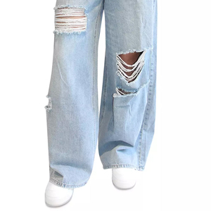 Pantalon en jean taille haute à jambe large, déchiré et délavé, coupe ample, longueur intégrale, en coton, avec cordon de serrage, style décontracté - Product Image 4