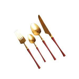 Juego de cubiertos de diseño elegante con mango rojo y baño de oro, juego de vajilla creativo de acero inoxidable para uso doméstico y hotelero. - Product Image 1