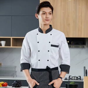 Veste de chef à manches courtes blanche 100% coton avec col rayé contrastant en tissu tricoté pour hommes et femmes, personnel de cuisine de restaurant - Product Image 2