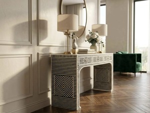Console Art Déco avec incrustations géométriques pour la décoration d'entrée, mobilier moderne d'intérieur, forme rectangulaire, en bois - Product Image 5