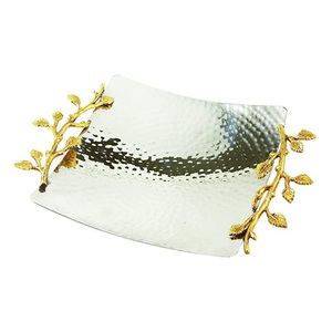 Plateau en métal fait main finition argentée avec poignées en or antique motif vigne, élégant style Art Déco, pour la décoration intérieure et le service, idéal Ramadan Diwali - Product Image 1