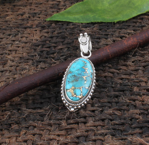 Colgante de Turquesa Azul Natural con Baño de Platino en Plata de Ley 925, Estilo Bohemio Vintage, Gema en Forma de Lágrima, Amuleto de Protección - Product Image 4