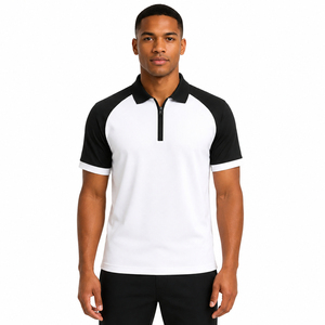 Polo pour homme à blocs de couleur, manches courtes, fermeture éclair, style sportif, tissu tricoté à séchage rapide, blanc et noir - Product Image 2