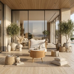 Modern Solid Oak Comfortable Sofa Set with White Cushion and UV-Resistant PE Rattan Throw Blanket for Outdoor Use - Product Image 2