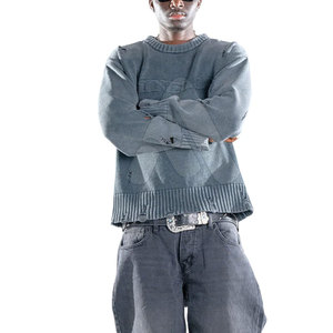 2026 Soft Knit Men Distressed <b>Pullover</b> <b>Sweater</b> 100% Cotton Breathable Winter New Design - Product Image 2