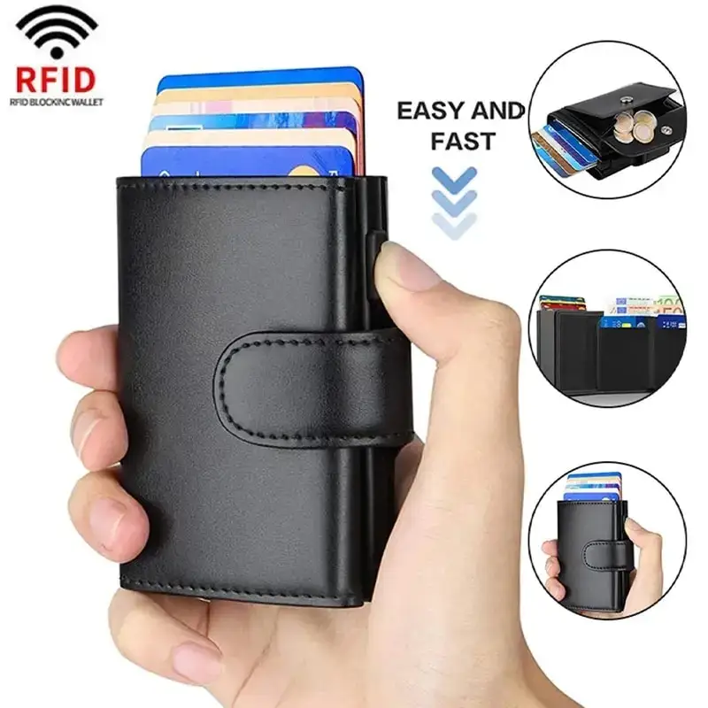 Dompet kulit pria, serat mikro Rfid, pemegang kartu, lipat tiga, tas uang, dompet saku koin tipis ramping pintar