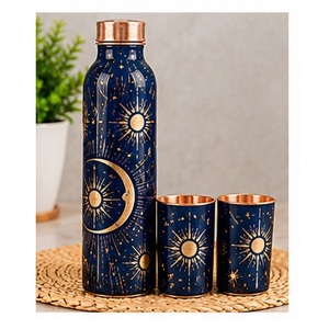 Traditional Peacock Feather Design Copper <b>Water</b> <b>Bottle</b> Set with Two Tumblers Bohemian Style <b>Metal</b> Drinkware for Home Use - Product Image 3