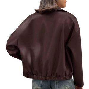 Blouson bomber en cuir uni pour femme, fermeture éclair, col montant, poches, longueur au-dessus du genou, pour un style décontracté et streetwear - Product Image 2