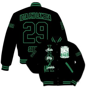 Chaqueta Universitaria Personalizada Iota Phi Lambda para Mujer, Negra, con Escudo de Letras Griegas, Número de Hermandad, Estilo Bomber - Product Image 4