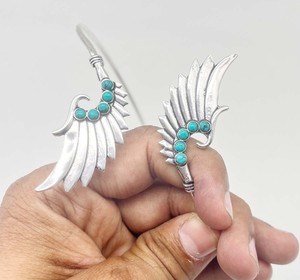 Natural Turquoise Angel Wing Upper Arm Cuff <b>Bracelet</b> Silver Plated Handmade Adjustable Armlet <b>Boho</b> Statement Jewelry for Women - Product Image 3