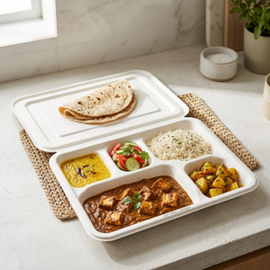 Bandeja Thali Compostable de Bagazo con Compartimentos |   Plato Desechable de Pulpa de Caña de Azúcar para Picnic, Catering, Eventos y Servicio de Alimentos - Product Image 1