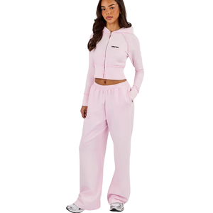 Women's Winter Solid Fitted Cropped Full-Zip Hooded Tracksuit Set Long-Sleeve Top Wide-Leg <b>Trousers</b> Elastic Waist 2-Piece Casual - Product Image 6