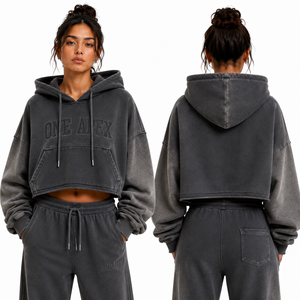 Conjunto de Sudadera Corta Oversize y Pantalones Jogger para Mujer ONEAPEX INTERNATIONAL, 100% Algodón Grueso, Lavado Ácido, Forrado, Casual de Invierno - Product Image 5
