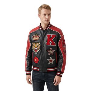 Blouson Moto en Cuir Bicolore Blanc et Bleu avec Patchs, Poches en Cuir de Vachette Solide, Respirant, Col Large, Style Patchwork - Product Image 5