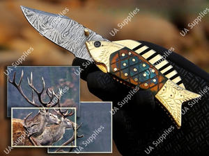 Cuchillo Plegable Multifuncional UA Supplies de Acero de Damasco Grabado a Mano para Caza, Pesca y Uso Diario (EDC) con Mango de Madera y Latón de 7.5 Pulgadas - Product Image 3