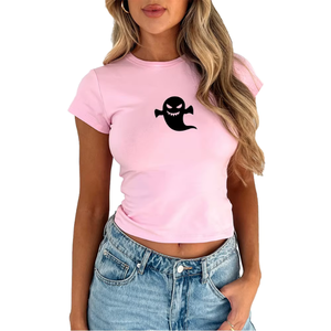 Camiseta Corta Rosa para Mujer, Cuello Redondo, Manga Corta, Estampado de Fantasma de Dibujos Animados, Corte Ajustado, Informal, de Algodón Jersey, para Primavera/Verano - Product Image 1