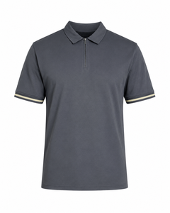T-shirt décontracté pour homme en coton tricoté gris foncé à manches courtes, col zippé, couleur unie, respirant, coupe ajustée, pour le golf, OEM - Product Image 1