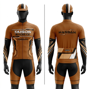 Tenue de cyclisme homme en polyester et élasthanne 180 GSM, tissu respirant, design bleu et or, logo personnalisé par sublimation, coupe performance. - Product Image 4