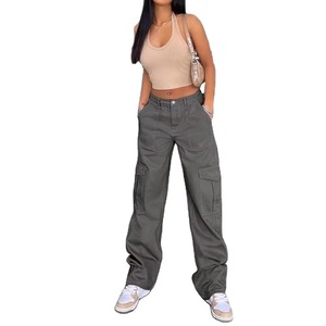 Pantalon cargo taille haute à jambe large en denim beige, coupe droite, décontracté, pour l'extérieur, automne, délavé, uni, léger, avec poches, logo frontal - Product Image 5