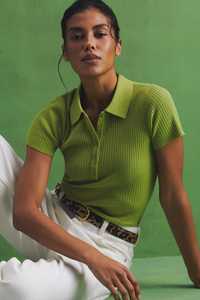 T-shirt à col polo côtelé vert pour femme, manches courtes, coupe ajustée, en coton tricoté, style preppy, pour le printemps et l'été - Product Image 6