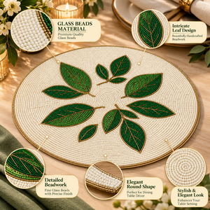 Set de table rond en verre à motif de feuilles vertes, perlé, fait main, avec bordure dorée, pour décoration de table, maison, mariage, fête |   Style élégant - Product Image 5