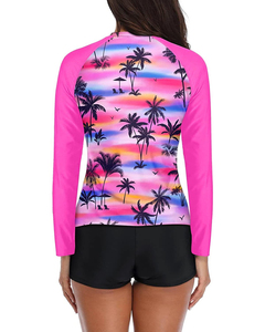 Traje de Baño de Dos Piezas para Mujer, Manga Larga, Protección UV UPF 50+, Camiseta de Baño con Estampado Tropical y Pantalones Cortos Tipo Boyshort - Product Image 3