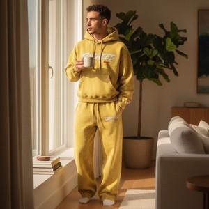 Conjunto de 2 Piezas de Sudadera con Capucha y Pantalones Deportivos de Estilo Urbano Vintage Personalizados, Lavados al Ácido, 100% Algodón, con Pedrería, para Hombre - Product Image 5