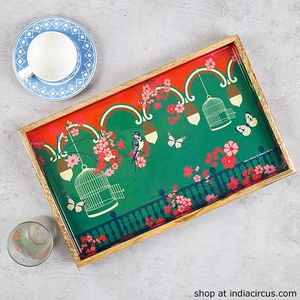 Plateau de service en bois de style Pichwai traditionnel, plateau décoratif vintage à motifs floraux pour table basse, plateau artisanal en bois - Product Image 2