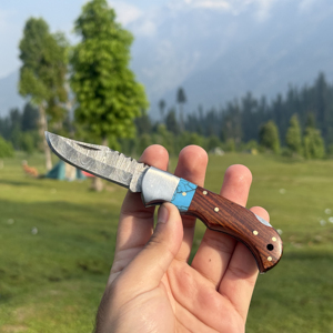 Damascus Steel Drop Point Camping Knife With Wood Handle And Turquoise Inlay Folding Pocket Knife EDC Outdoor <b>Tool</b> - Product Image 1