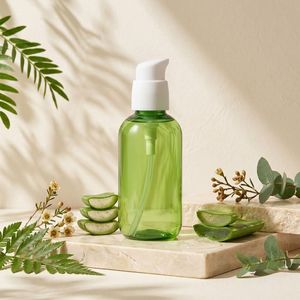 Cosmetic Bottle Round PET 80ml <b>Green</b> Plastic Treatment <b>Pump</b> Bottle for Skin Care Packaging Manufacturer Factory Vietnam - Product Image 5