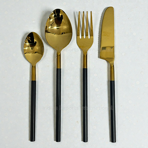 Ensemble de couverts de luxe en acier inoxydable doré et noir |   Couverts haut de gamme avec manches noires, compatibles lave-vaisselle, légers et portables IEI - Product Image 6