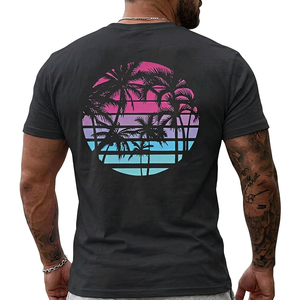 Camiseta Negra de Manga Corta para Hombre con Estampado de Palmeras, Cuello Redondo, Diseño Casual, Corte Regular, Tela Jersey con Estampado Digital - Product Image 3