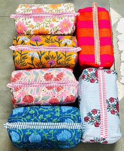 Classic Blue Floral Cotton <b>Cosmetic</b> Toiletry Bag Set with Zipper Closure Portable Makeup Pouches for Travel Personal <b>Storage</b> - Product Image 3