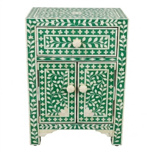 Table de chevet indienne artisanale en os incrusté rose, motif floral luxueux, 3 tiroirs, meuble d'appoint pour chambre à coucher - Product Image 3