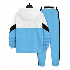 Ensemble de survêtement décontracté deux pièces pour homme : sweat à capuche zippé et pantalon de jogging, couleur bleu clair, style color block, tenue de sport personnalisable - Product Image 2