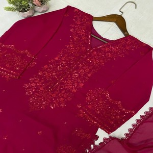 Conjunto de Kurta VASTRA COTTAGE de Diseño con Georgette Sintético y Detalles de Espejo, con Pantalón Bootcut y Dupatta, para Fiestas y Eventos Festivos, para Mujer - Product Image 3