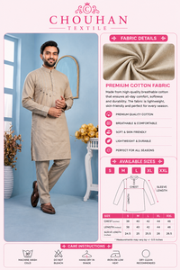 <b>Mens</b> Beige Cotton <b>Kurta</b> Pajama Set Stylish Thread Work Tassel Detail Indian Traditional Festival Outfit Wholesale B2B Custom - Product Image 4