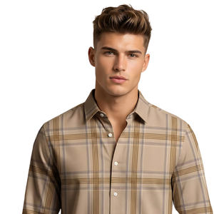 Camisa Casual a Cuadros para Hombre, Color Beige Camel, Manga Larga, con Botones, Tela Suave de Poliéster/Algodón Cepillado, Ecológica y de Secado Rápido - Product Image 3