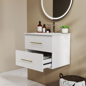 Mobile Bagno Sospeso da 24 Pollici con Doppio Cassetto, Facile da Montare, Lavabo in Ceramica, Maniglia Lunga in Metallo Dorato, 2 Lavabi - Doppio Cassetto - Product Image 6