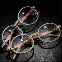 Lunettes de soleil vintage rondes en moissanite, de luxe, pour hommes et femmes, ovales, en cristal et bois, bleues, UV400, monture tendance, bijoux hip-hop