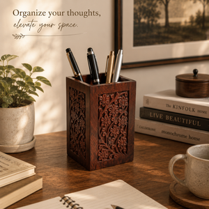 Handmade Indian Rosewood Pen Stand | Premium Floral Carved Desk Organizer | Lightweight Eco Friendly Stationery Holder Home - Product Image 2